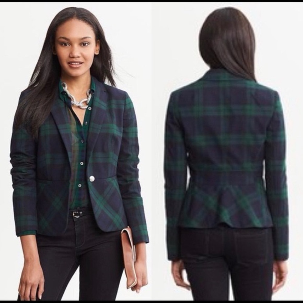 Banana Republic Tartan Plaid Blazer - Green and Navy - US 2